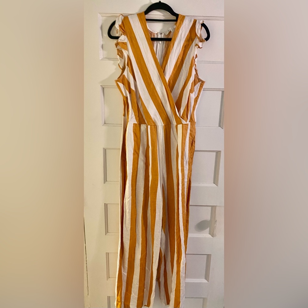 Boden Linen Yellow Stripe Mila Wide Leg Jumpsuit - Picture 2 of 3